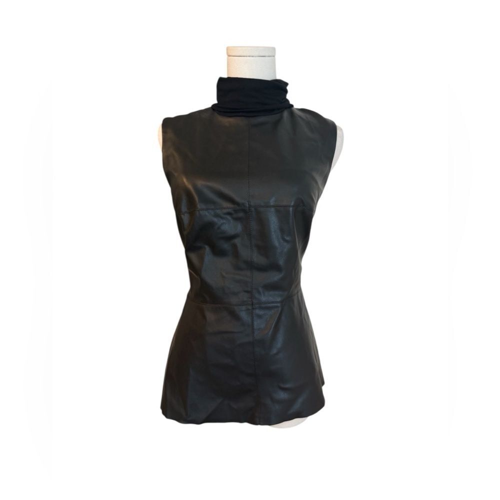 90s minimalism faux leather front sleeveless top turtleneck In Black size L